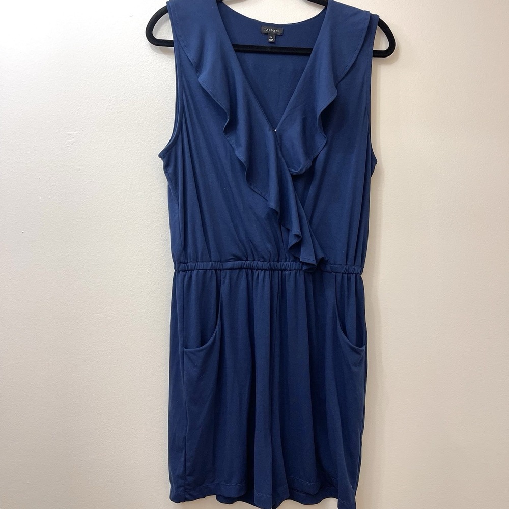 Talbots Navy Blue Ruffle Shorts Romper With Elastic Waist &‎ Pockets Medium